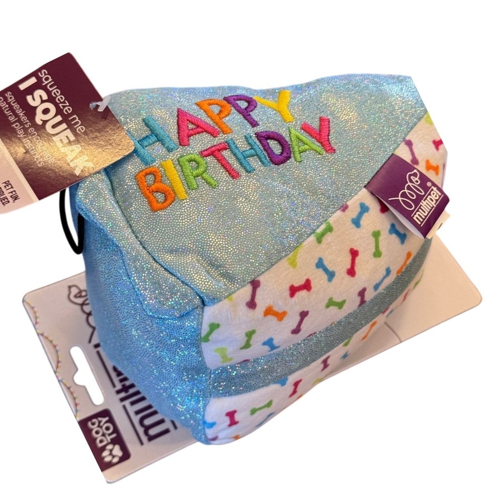 Multipet Happy Birthday Cake Slice Plush Squeak Crinkle Dog Toy Blue 48708 NWT